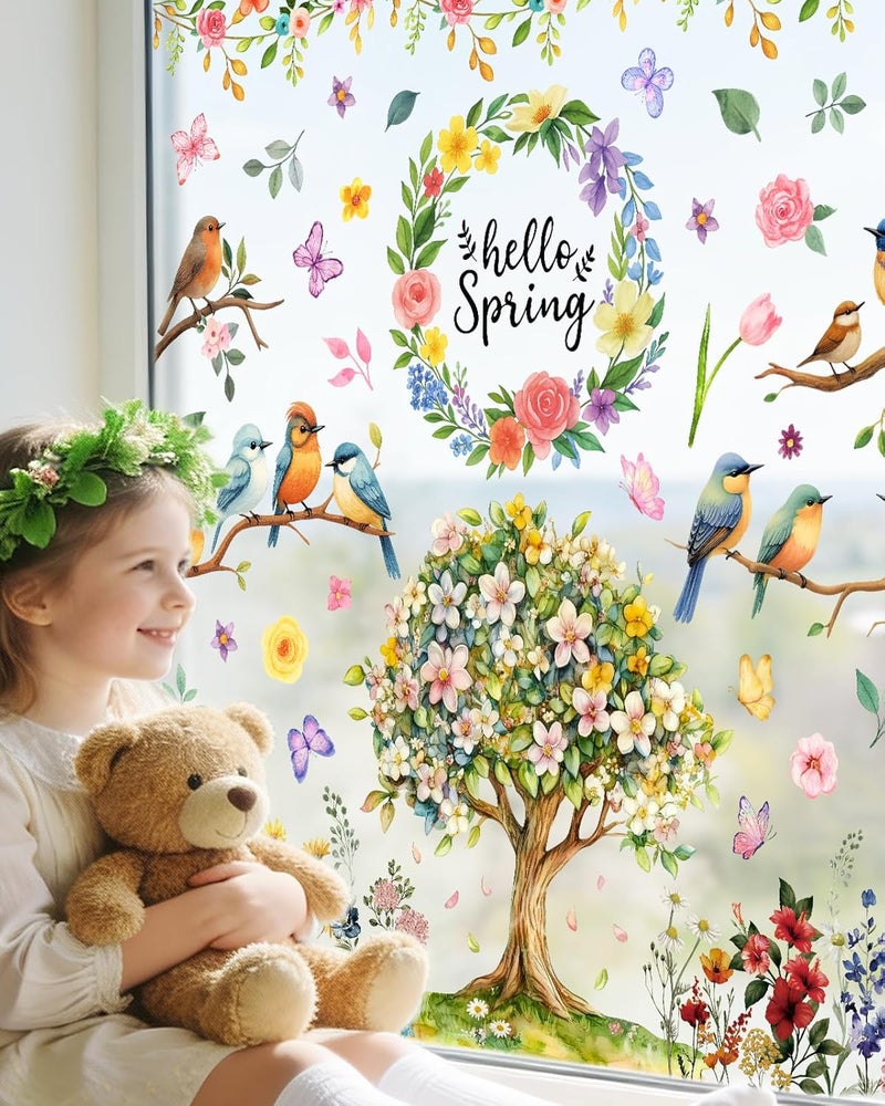 JMHACHY Spring Window Clings - 9 Sheets 121Pcs Reusable Hello Spring Decorations for Glass for Home Office, Birds Flowers Window Stickers for Glass, Double-Sided Large Decals - Image 4